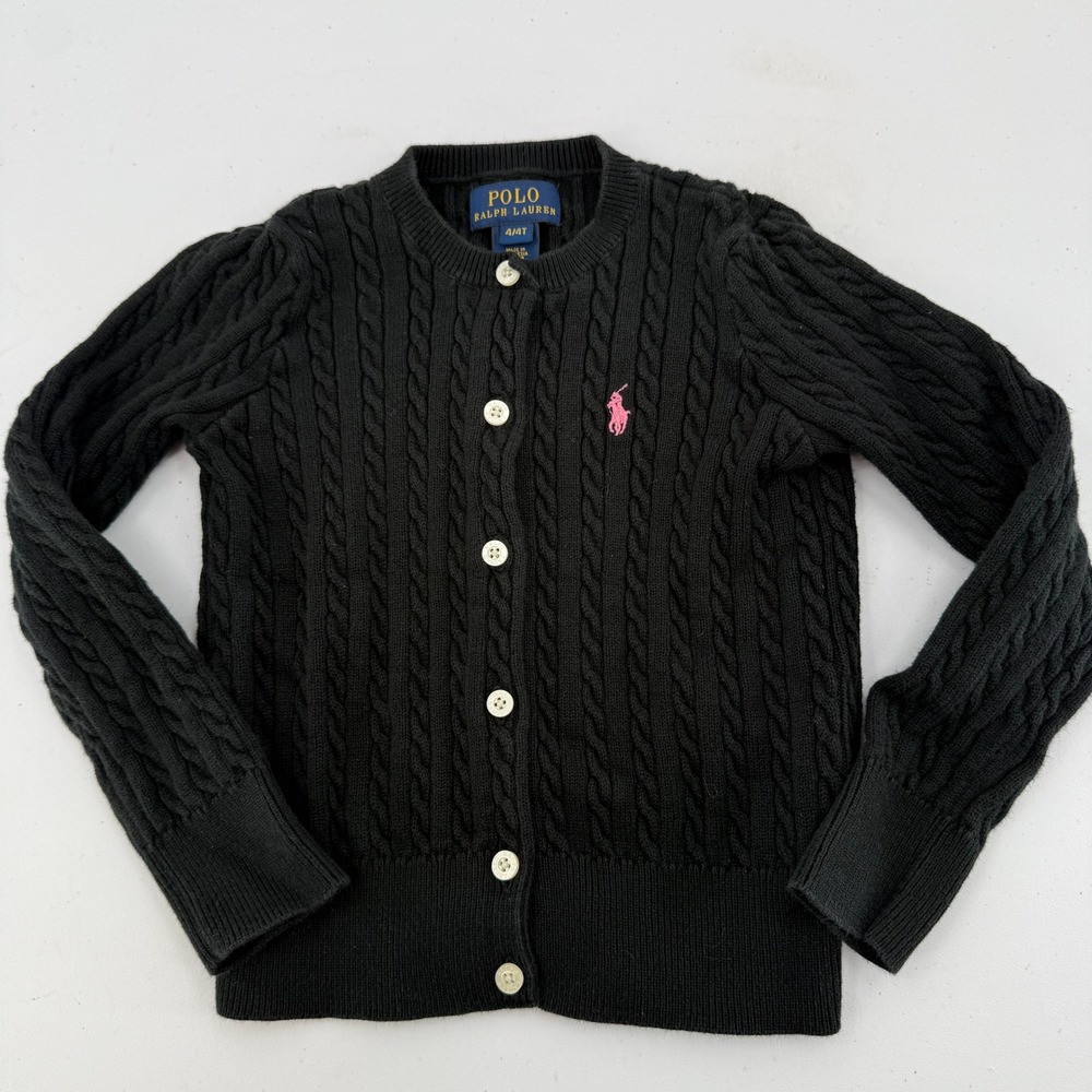 Polo Ralph Lauren Cardigan Sweater Girls 4 4T Black Cable Knit Pink Pony Logo